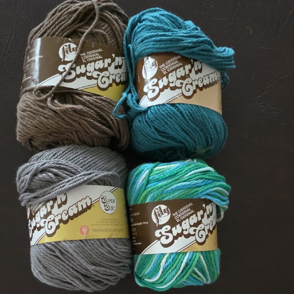 Lily Sugar'n Cream Yarn Collection in Brown, Gray, Teal, and Multicolor 4 Skeins